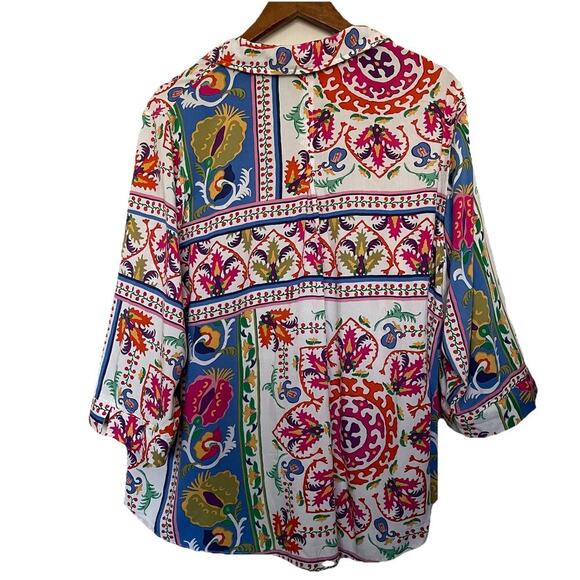 Cynthia Rowley 2X Multicolor Button Front Top Artsy Boho Vacation - Picture 2 of 5